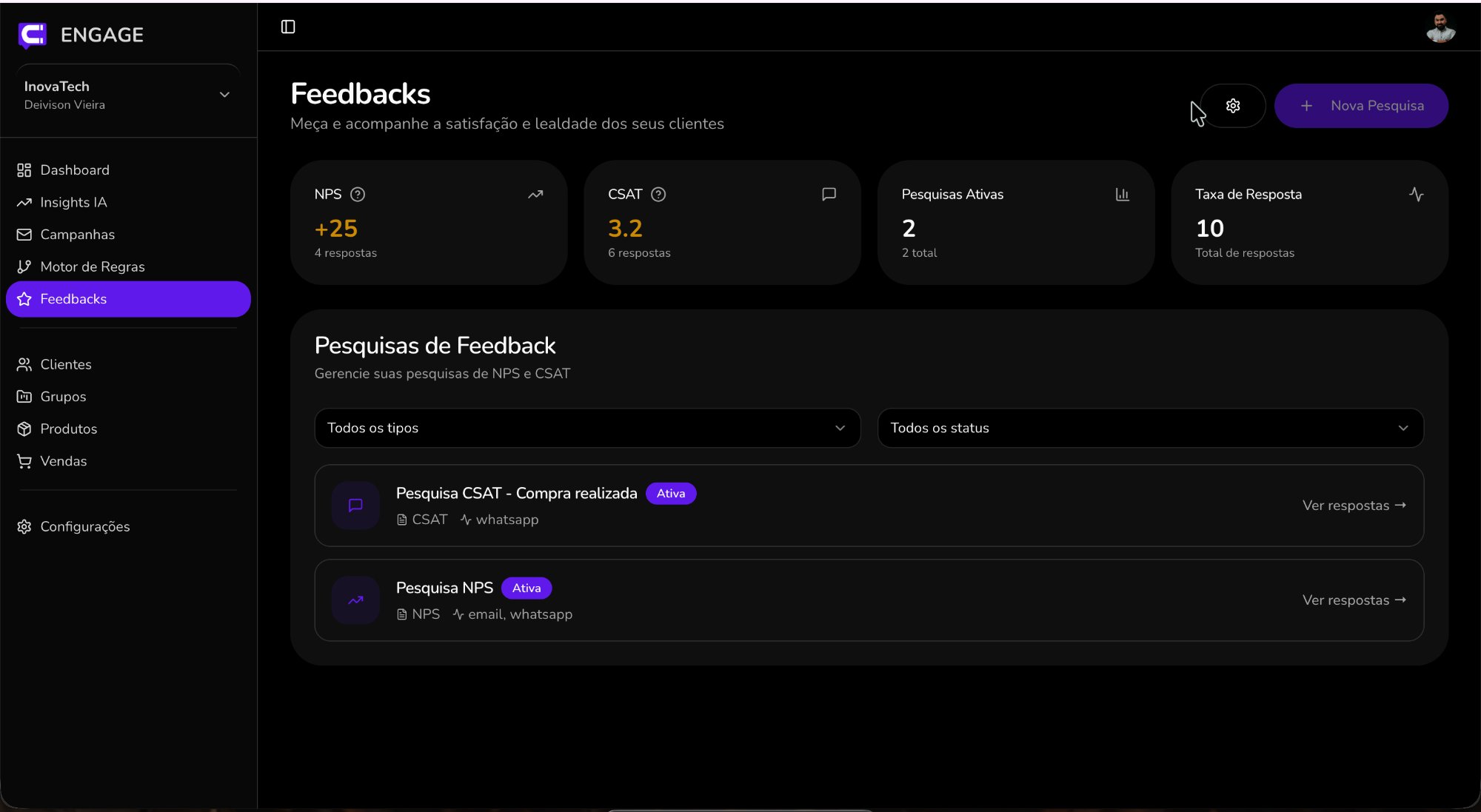 Dashboard de NPS e Jornada do Cliente — Engage LTV Platform